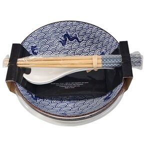 SH Home Set of 2 Waves Dragon Ceramic Ramen Noodle Bowl With Chopstick And Spoon